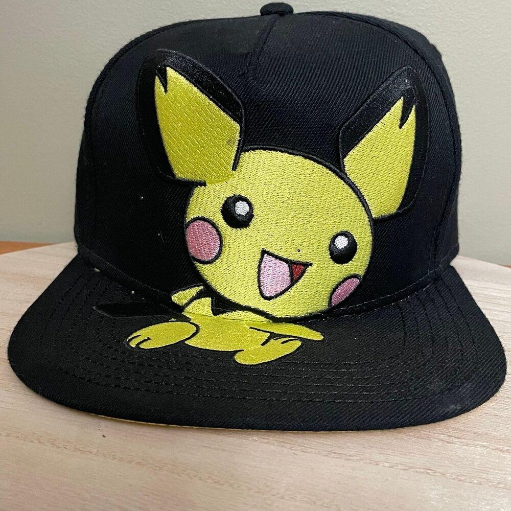 Pokemon Pichu Pikachu Black Snapback Adjustable Hat One Size Acrylic Wool Cotton